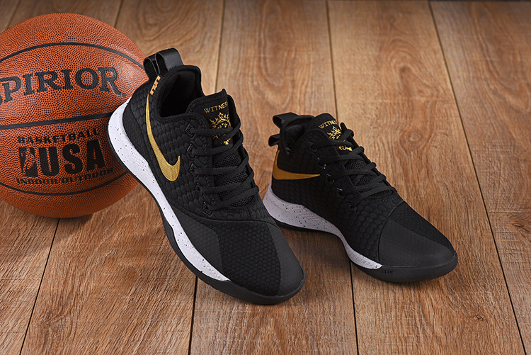 Men Nike Lebron Witness 3 Black Gold White Shoes - Click Image to Close